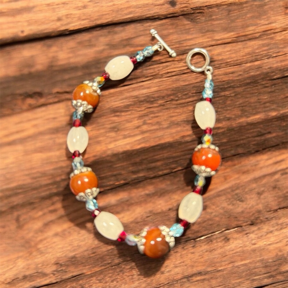 Handcrafted Quartz & Red Agate Beaded Bracelet - Picture 3 of 6